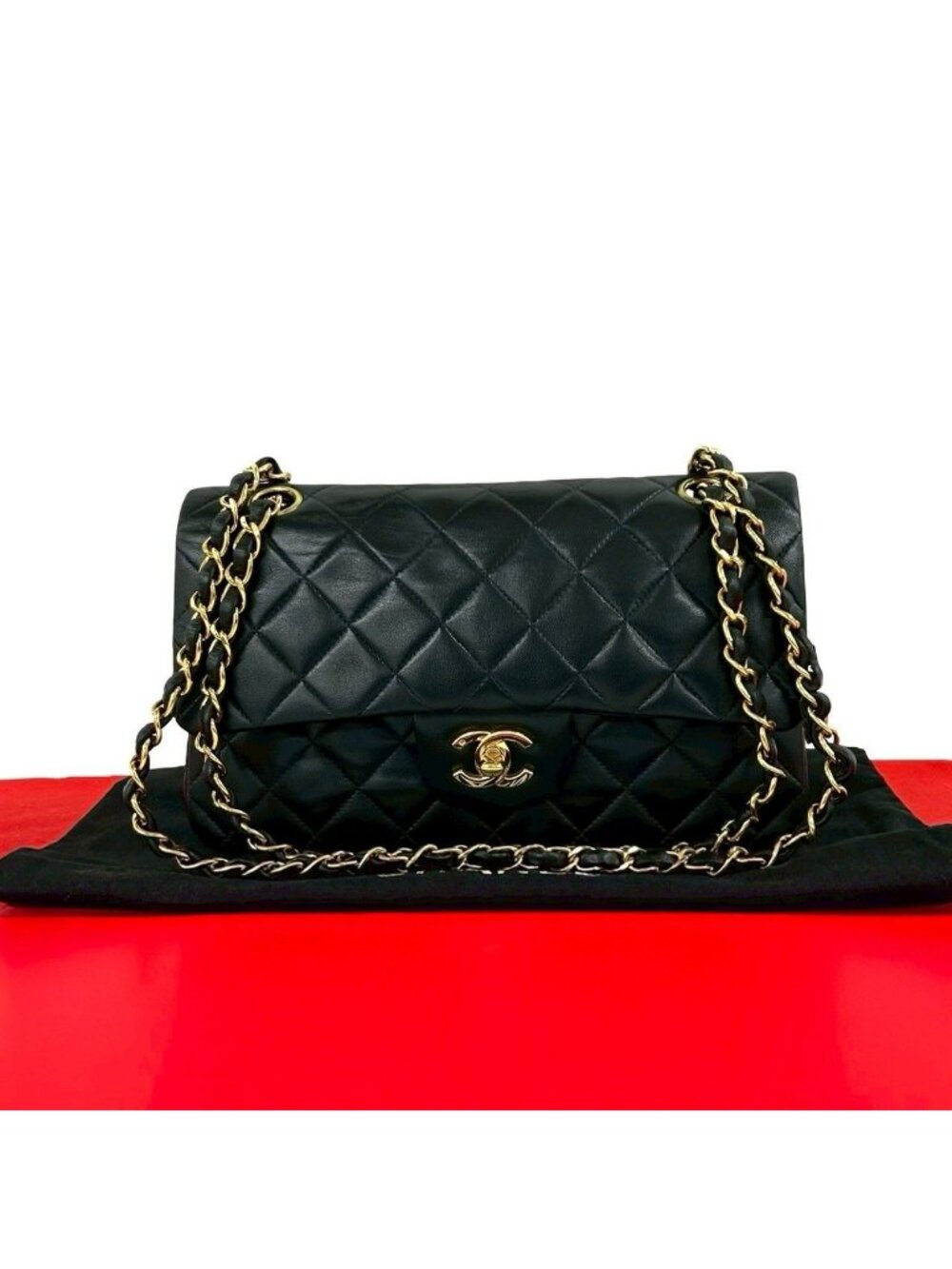 Chanel And No 5 Vintage Quilted Double Flap Lambskin Leather Shoulder Bag Black